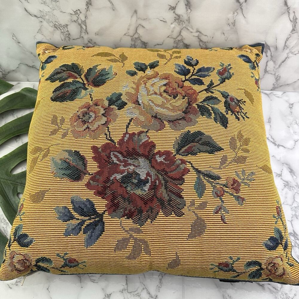 Goblys France Vintage Tapestry Throw Pillow Yellow Red Rose Floral Cottagecore